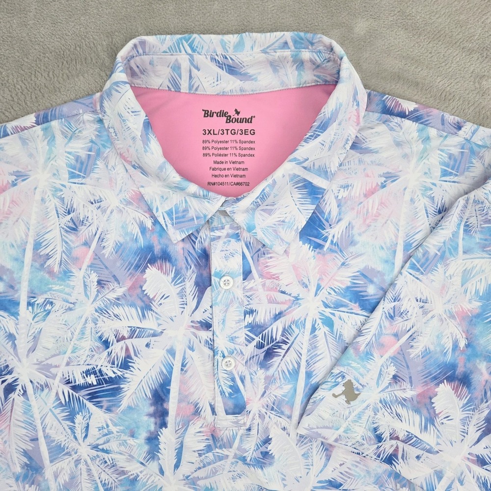 Birdie Bound Golf Polo Shirt Men's 3XL Blue Pink Palm Print Tropical Performance